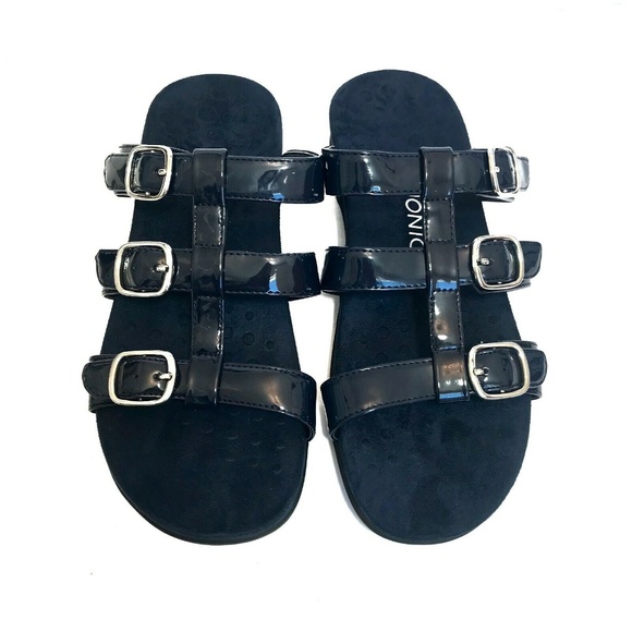 VIONIC BLACK PATENT LEATHER ADJ VELCRO STRAPS, MISA SANDALS, 9W, NEW IN BOX - Picture 3 of 7